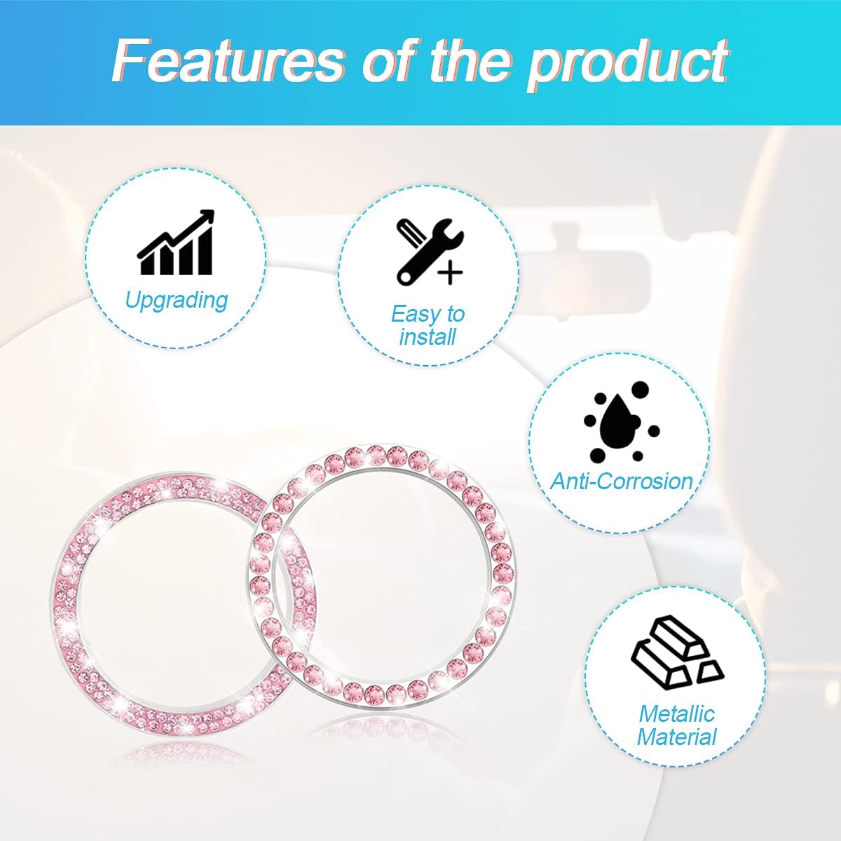 Car Bling Crystal Rhinestone Engine Start Ring Stickers, 1 Single Drainage Drill and 1 Double Drainage Drill Car Start Button Cover, Key Ignition Knob Bling Ring Decals, Bling Car Accessories(Pink) : Automotive