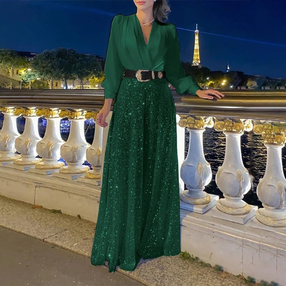 – Wide Leg Jumpsuit for Women Featuring Sequin Splicing and Stylish V Neck (L Dark green)