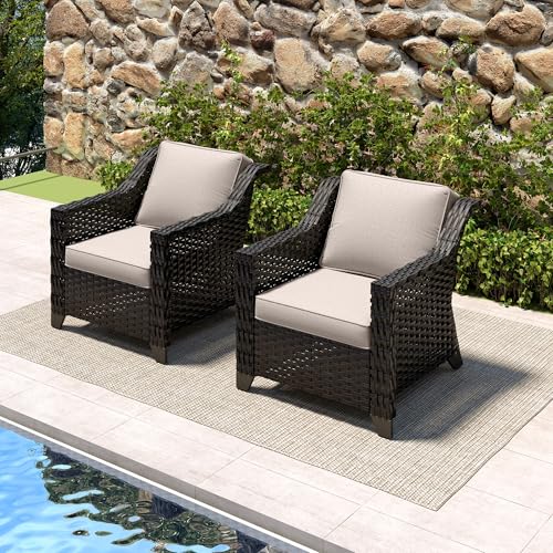 Image of Patio 2 Pieces Wicker Chairs Set of 2,Outdoor PE Rattan Armchairs, Water-Resistant Cushions with Removable and Washable Covers, Porch, Balcony, Sunroom (Beige) | Patio Chair Set with Olefin Removable Cushion, All-Weather Armchairs with Deep Seat for Porch, Deck and Backyard, Beige
