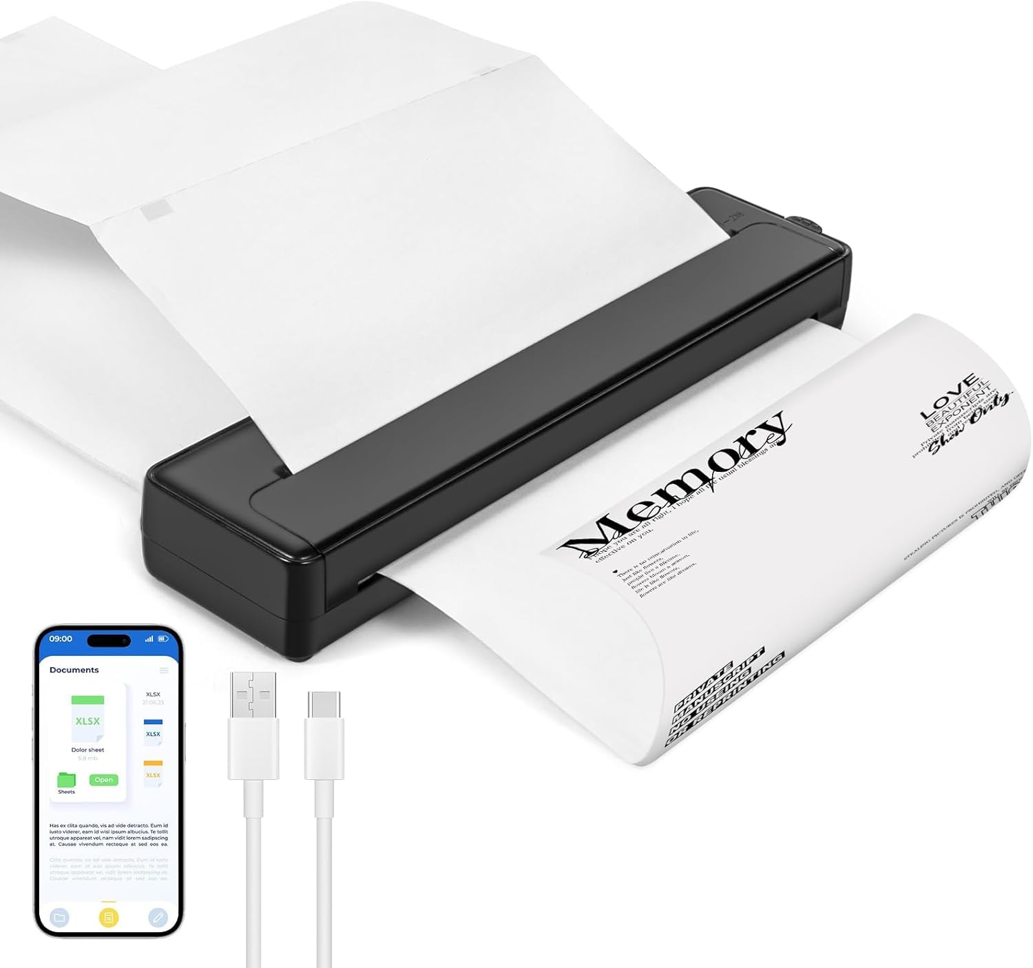 Imprimante Thermique A4, Imprimante Portable, Imprimante Compacte Thermique sans Encre, Compatible avec Les Bluetooth avec Smartphone, USB avec Tablette/Mac
