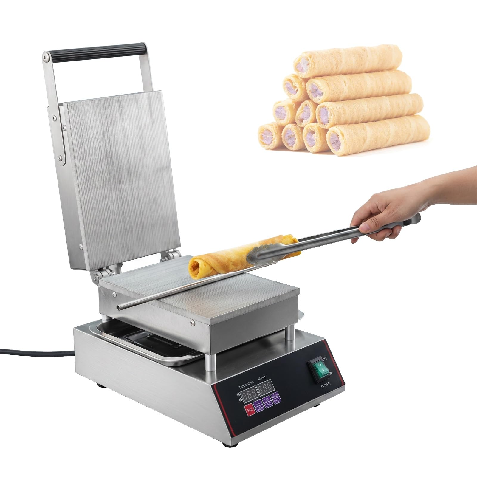 Máquina de rollos de oblea crujientes de acero inoxidable, 1650 W, eléctrica comercial con placas calefactoras de doble cara, control digital de temperatura y temporizador de 0 a 300 °C