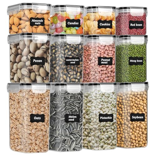 DUOJIN Set de 12 Recipiente Hermético Alimento de PP Sin BPA de Alta Transparencia Con Tapa de Cierre a Prueba de Fugas Caja Apilable Para Almacenar Cereales En La Cocina Con 32 Etiquetas&Lápiz-Negro