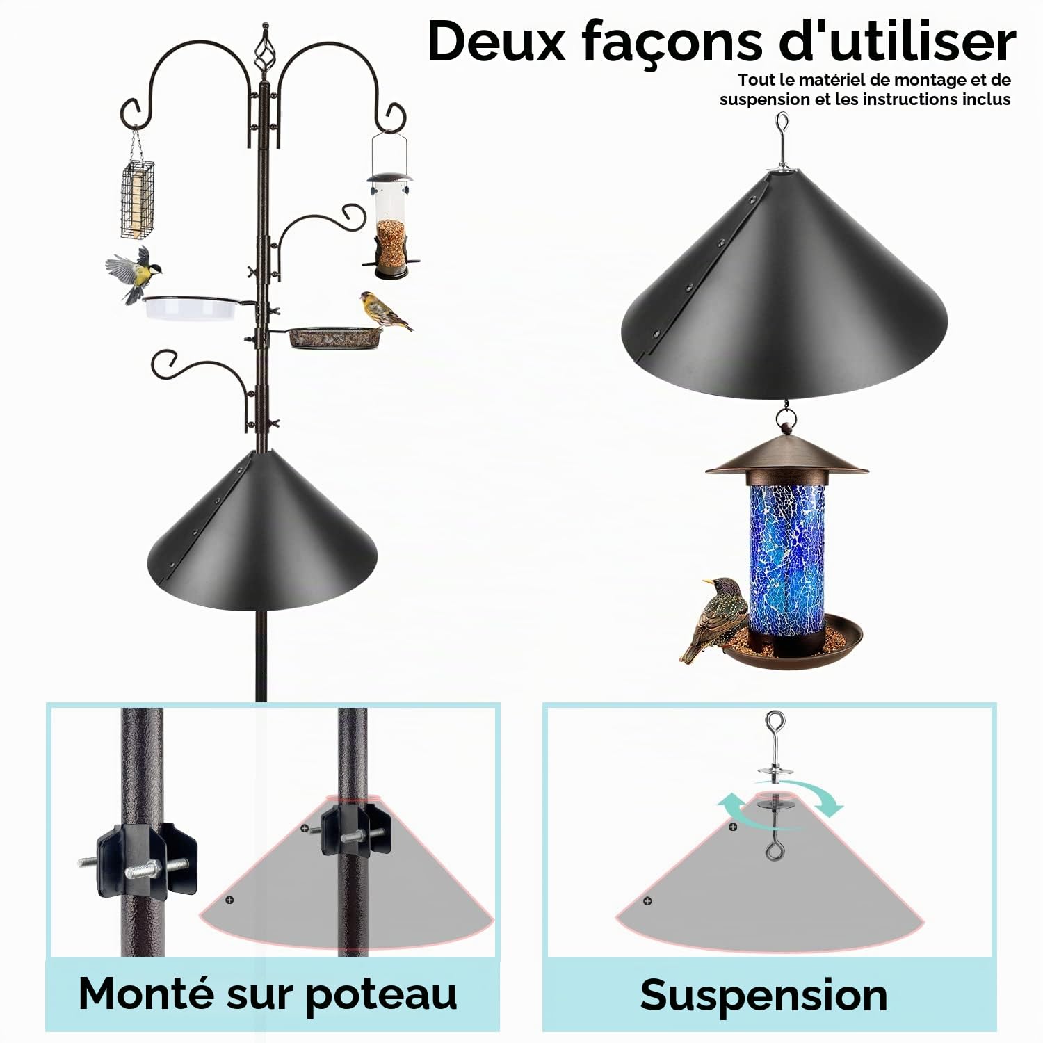 Kit de mangeoire à oiseaux de luxe - Mangeoire à oiseaux sauvages à suspendre avec poteau, mangeoire multiple, cage à graisse, support pour plantes et chicane anti-écureuil pour attirer les oiseaux