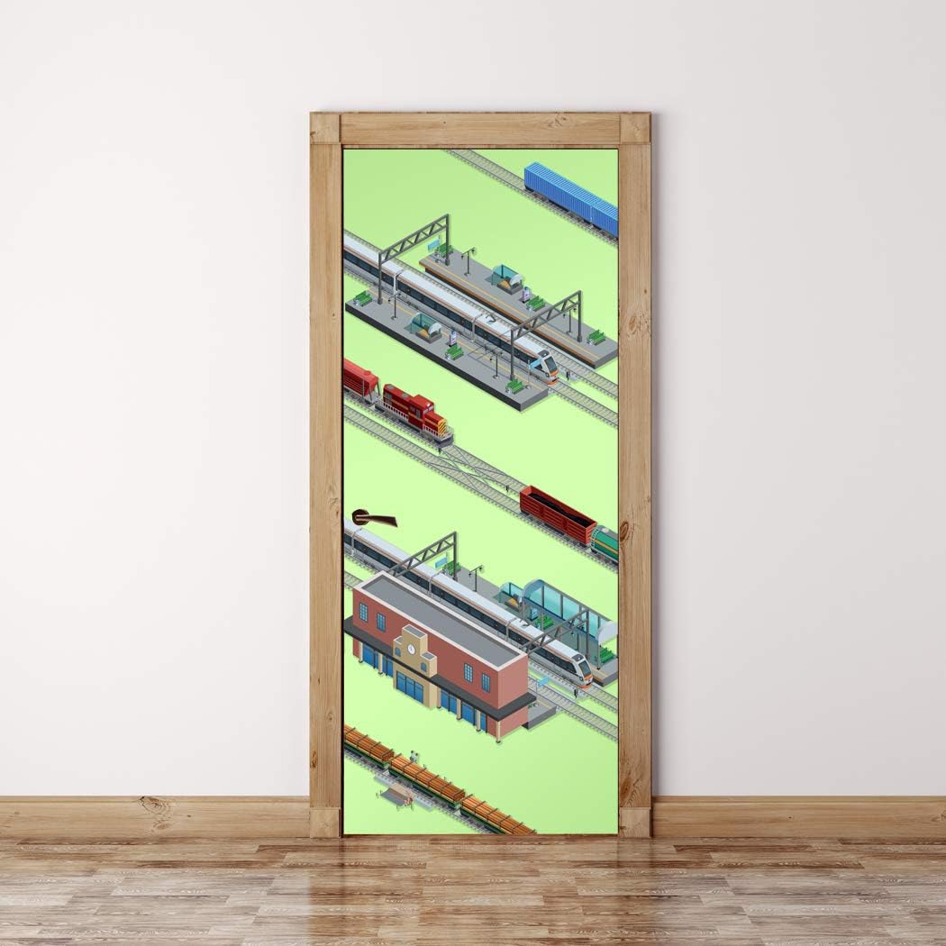 Door Mural Miniature Train Station - Self Adhesive Fabric Door Wrap Wall Sticker