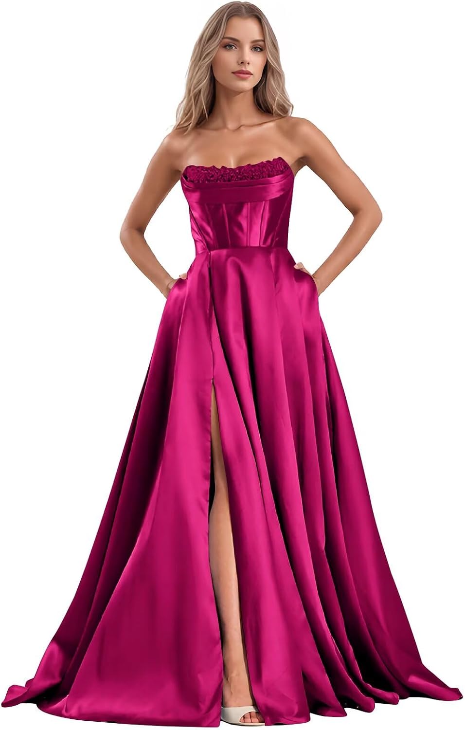 Strapless Prom Dresses Long Satin Evening Party Gown for Women Side Slit Ball Gowns with Pockets