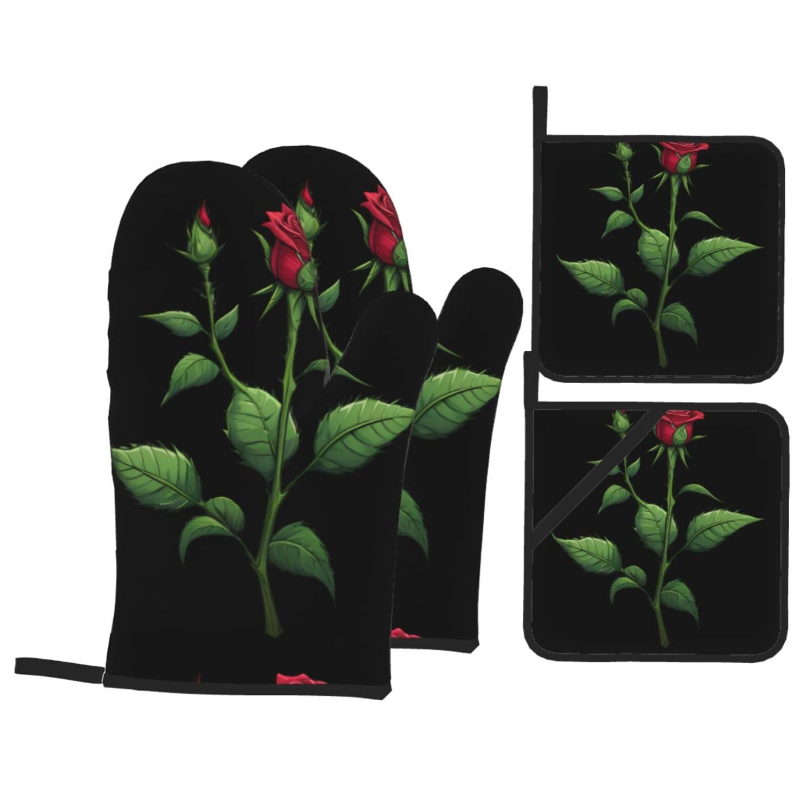 YYHWHJDE Rose with Thorns Printed Kitchen Baking Set of 4 Thick Insulated Oven Mitt & Pot Holders, Anti-Scalding for Microwave, Oven, Outdoor BBQ
