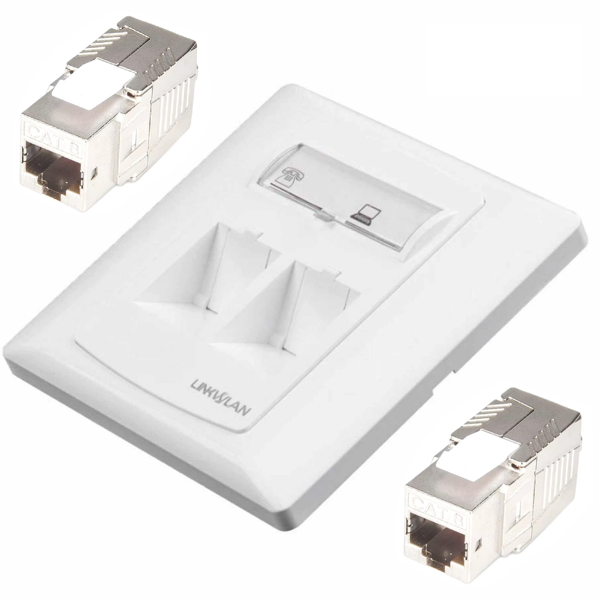 Premium RJ45 Ethernet Wall Socket | Single/Dual RJ45 Faceplate Set with Premium CAT8/CAT7/CAT6A Shielded Keystone Jack 10/40 Gbps/POE/Fits UK Backbox (Dual RJ45, CAT 8 (Shielded))