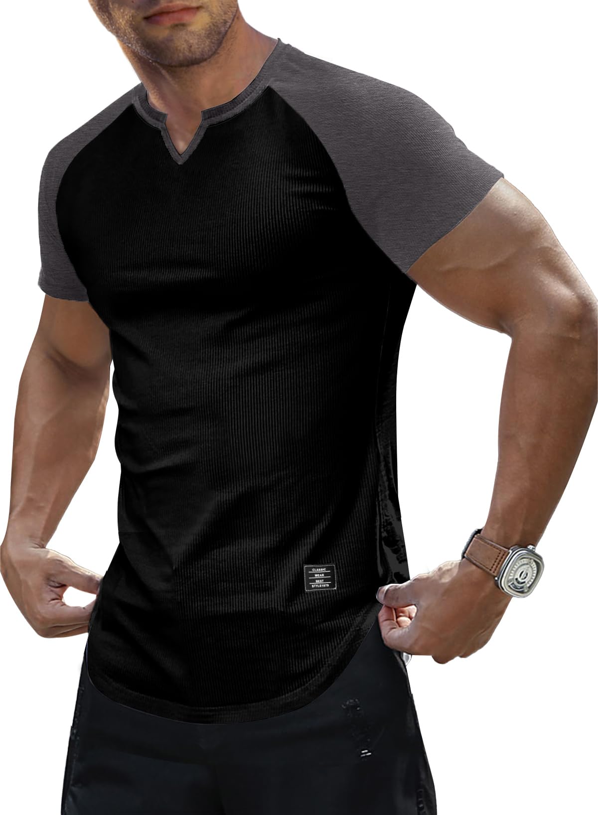 JMIERR Mens Muscle Slim T Shirts Texture V Neck Longline Henley Gym Workout Athletic Tee Shirt