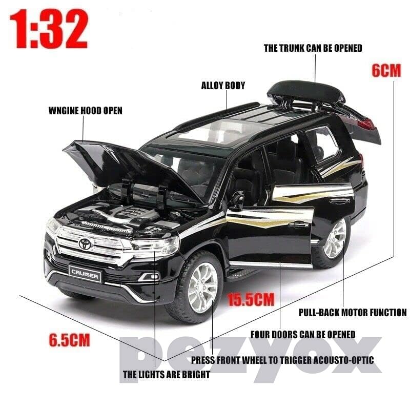 Image of Metal Pull Back Diecast Car 1:32 Land Cruiser Pull Back Car Model with Sound Light Boys Gifts Toys for Kids (Black)