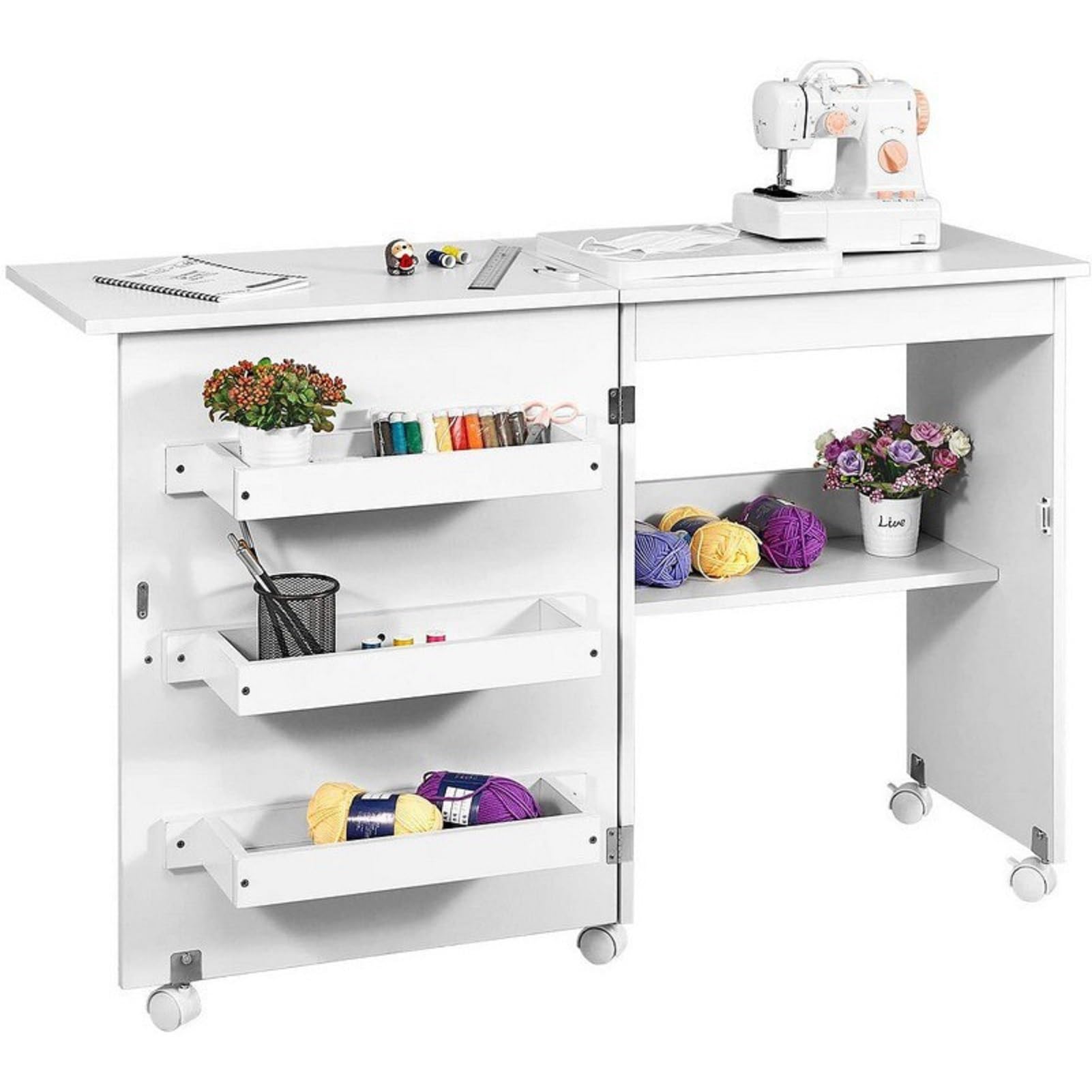 Warmiehomy Wooden Folding Sewing Tables with Storage Shelves and Wheels