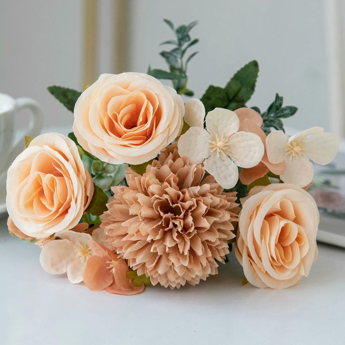Ayhtud Champagne Artificial Flowers Retro Silk Rose Bouquet Hydrangea Peony Vintage Bride Holding Fake Plants Home Wedding Decoration Accessories