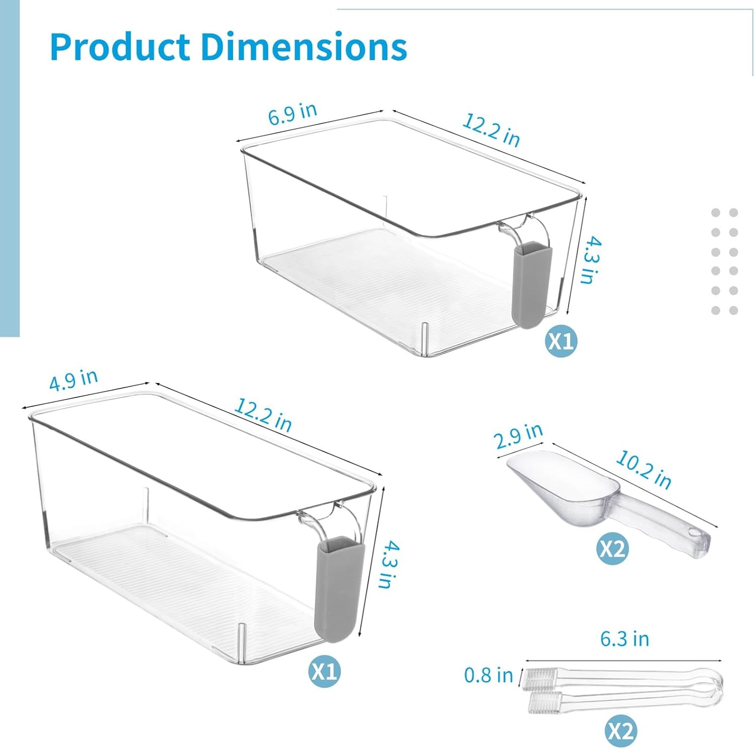 Clear Ice Bin Set Of 6 For Freezers, Includes Scoop And Tongs, Plastic Ice Bucket With Pull-Out Handle, Great For Diy Drinks