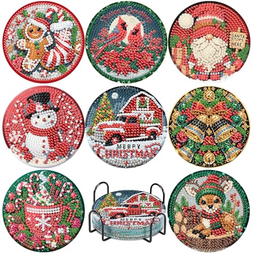 8 Pcs Christmas Diamond Art Painting Coasters Kits,Winter Snowman Coaster with Holder for Adults, Non-Slip DIY Dot Paint Craft Kits,5D Full Drill DIY Diamond Dot Gem Art Kit Home Decor Arts Craft