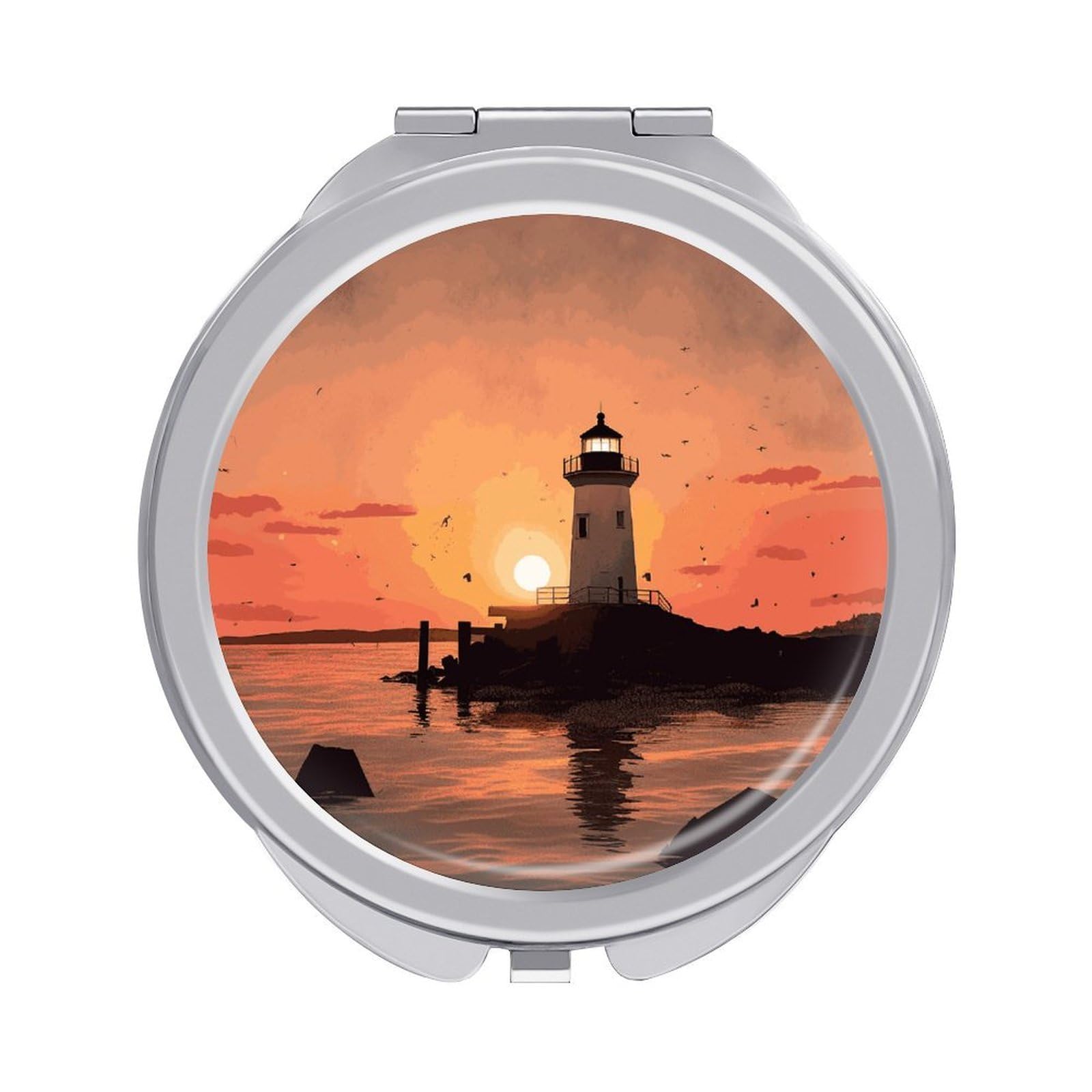 FekiLoot Lighthouse Sunrise Makeup Mirror Compact Round Travel Makeup Mirror Portable Folding Handheld Pocket Mirrors for Handbag and Purses Gift Mini Mirrors