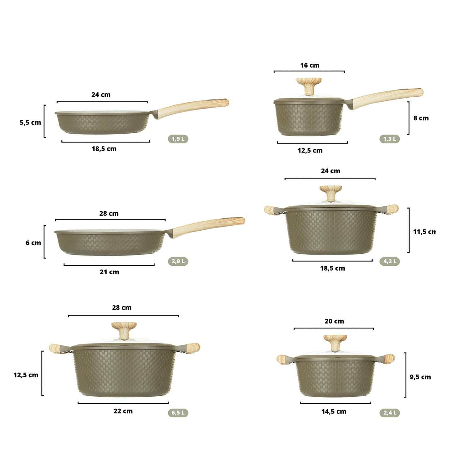 Kasanova Batterie de Cuisine Mrs Wood Antiadhésive en Aluminium, Compatible avec Tous les Types de Feux, Couvercles en Verre, Cuisson Rapide et Homogène (vert et crème, 10)