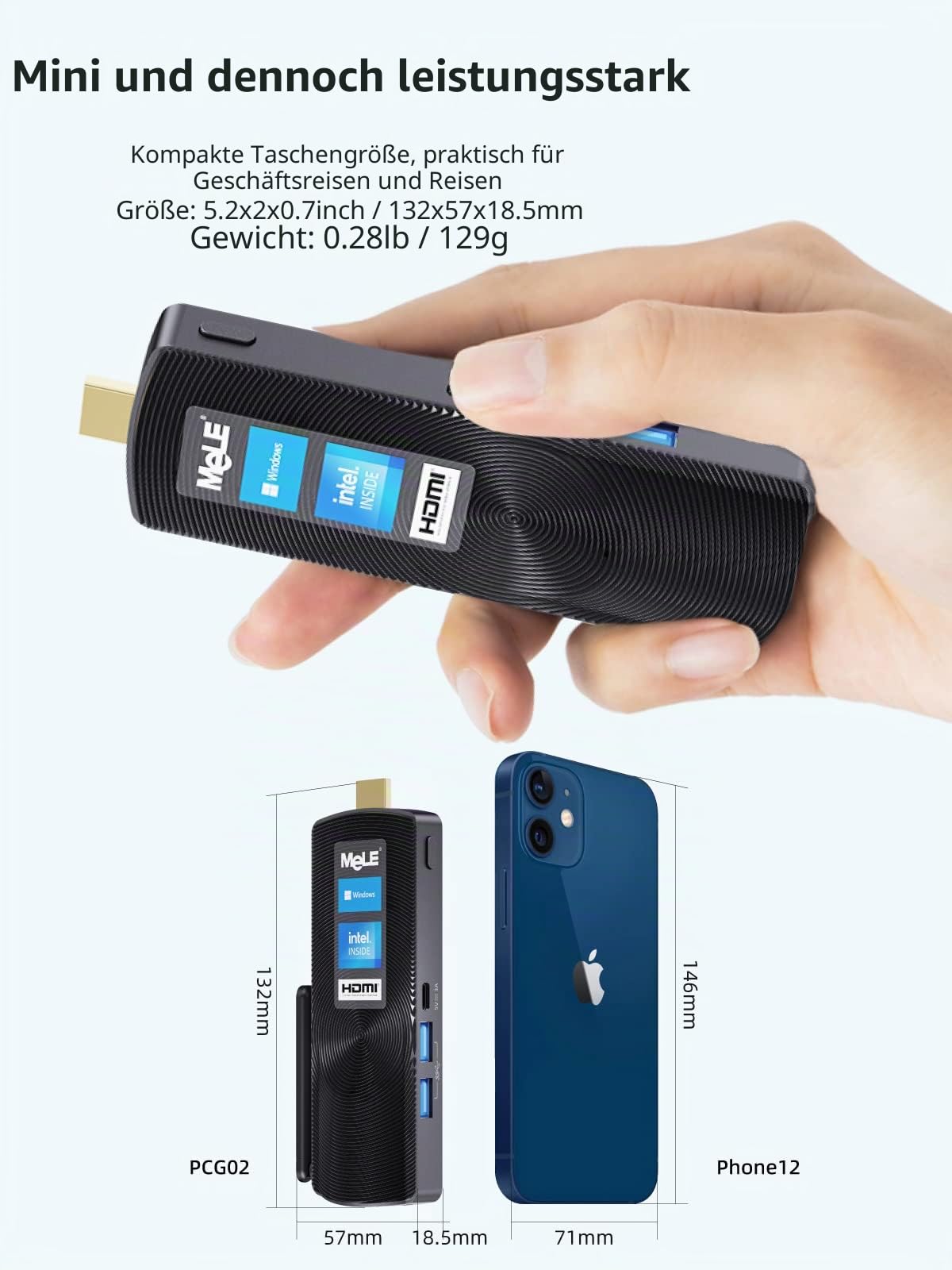 MeLE PCG02 Mini-PC-Stick Lüfterloser Celeron J4125, Kleiner Computer, Micro-PC, LPDDR4, Win11, HDMI 4K 60Hz, 2.4G/5G Wi-Fi 5, Gigabit Ethernet, BT 4.2, USB 3.0, Wake on LAN, PXE (8G/256G)