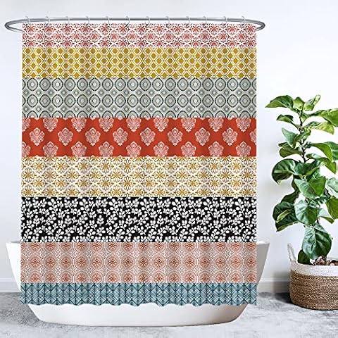 Ulticool Shower Curtain - Stripes Geometric Vintage Retro Boho Bohemian - 180 x 200 cm - Washable - Waterproof - Anti-Mould - with 12 Rings Cover
