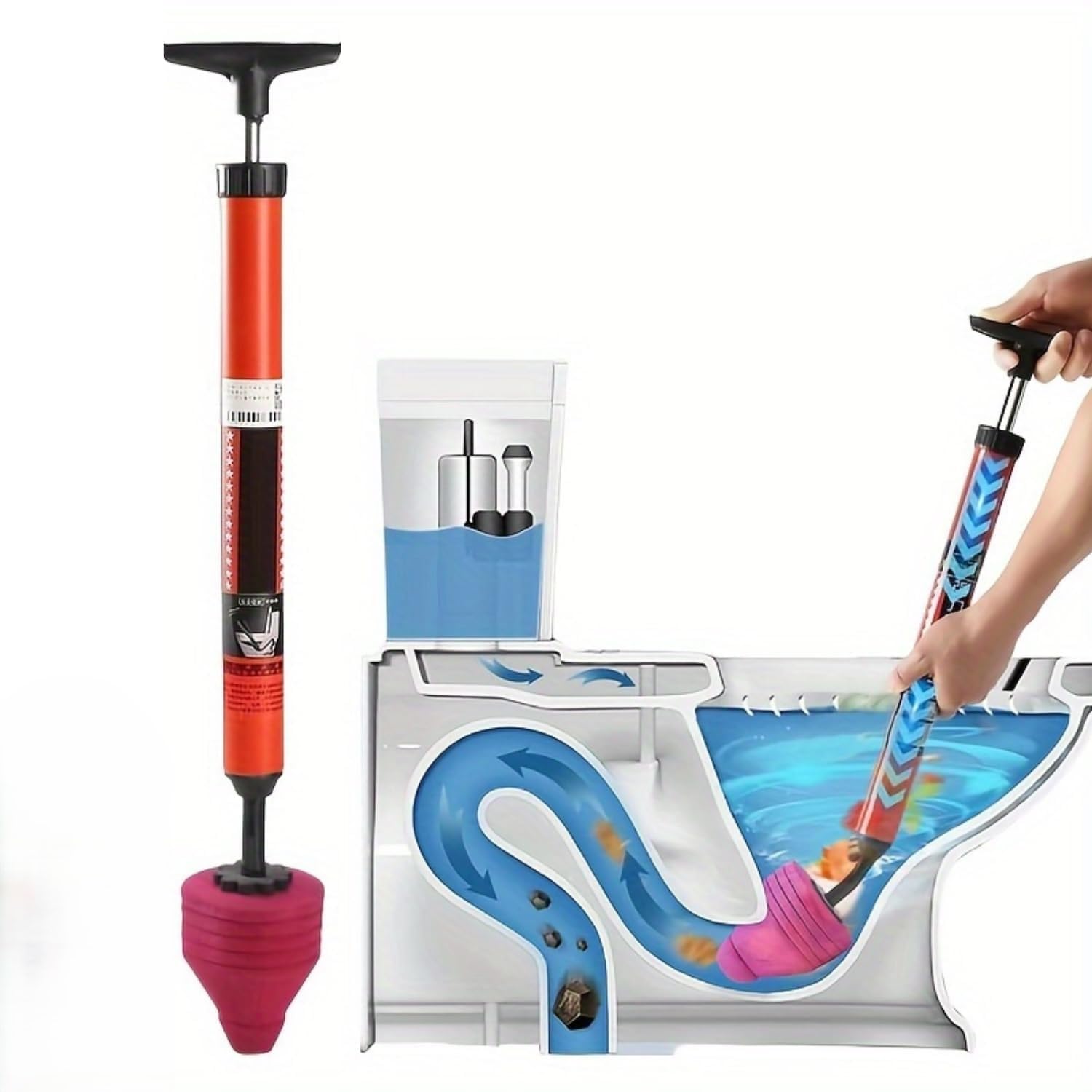 MANTHUMI Plunger for Toilet with Drain Cleaner Powder, Pump to Drain Out Water High Pressure Dredging Tool, High-Pressure Nozzle Toilet Unclogger, Sink Deodorizer and Blockage Remover Toilet Pump Red-image-7