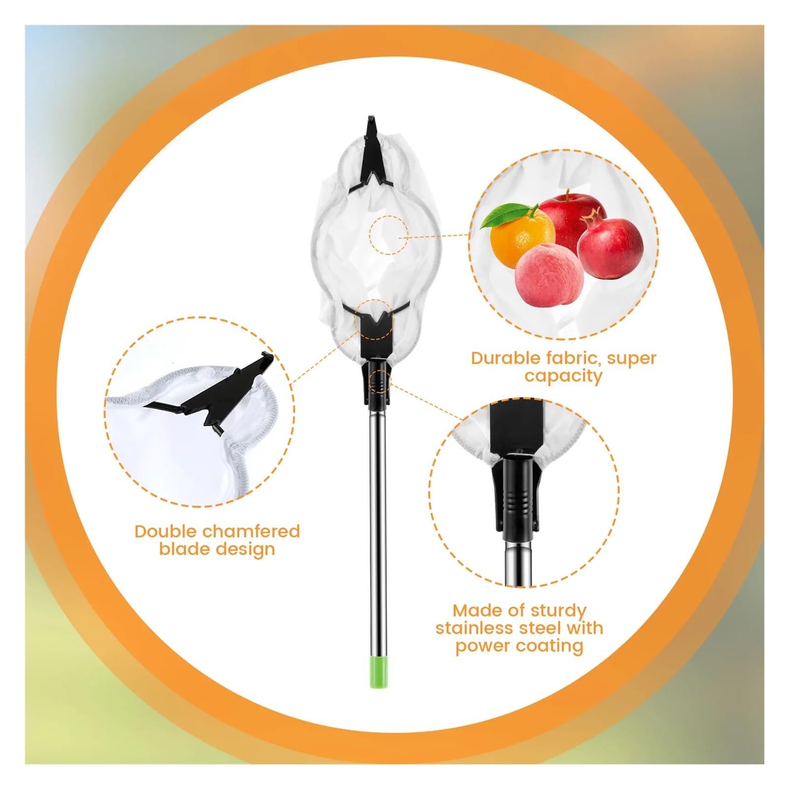 Cueille Fruit Telescopique Cueilleur de Fruits en Acier Inoxydable 1,6/2 m avec Sac Rangement(1 Set 1.6M)