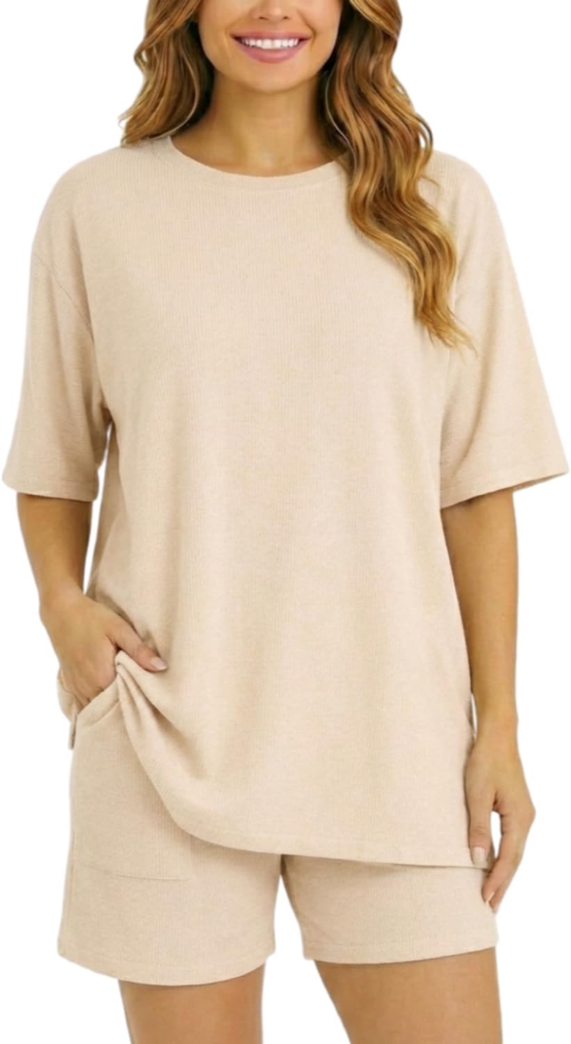 LIGHT DOT Women's 2 Piece Lounge Sets Casual Oversized Pajamas Short Sleeve Tops Biker Shorts Matching Outfits with Pocket