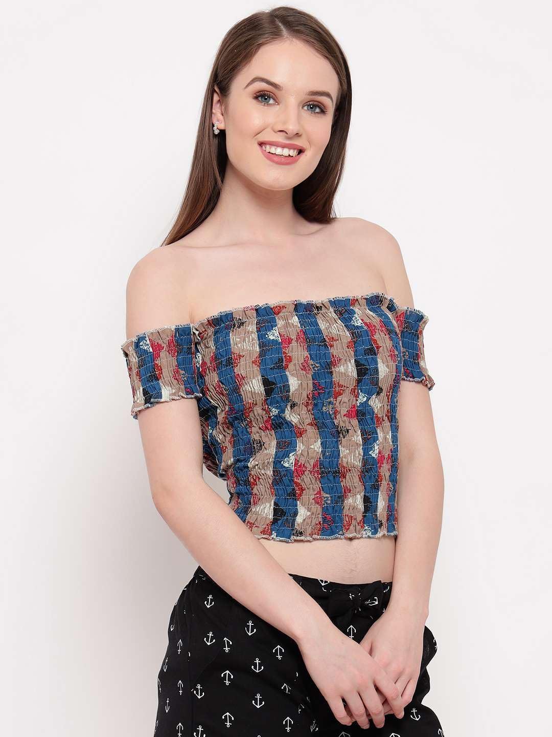Bigdave Women's Rayon Printed Off-Shoulder Smocked Crop Top Short Sleeve Casual Styles Tank Top (Free Size) Multi38