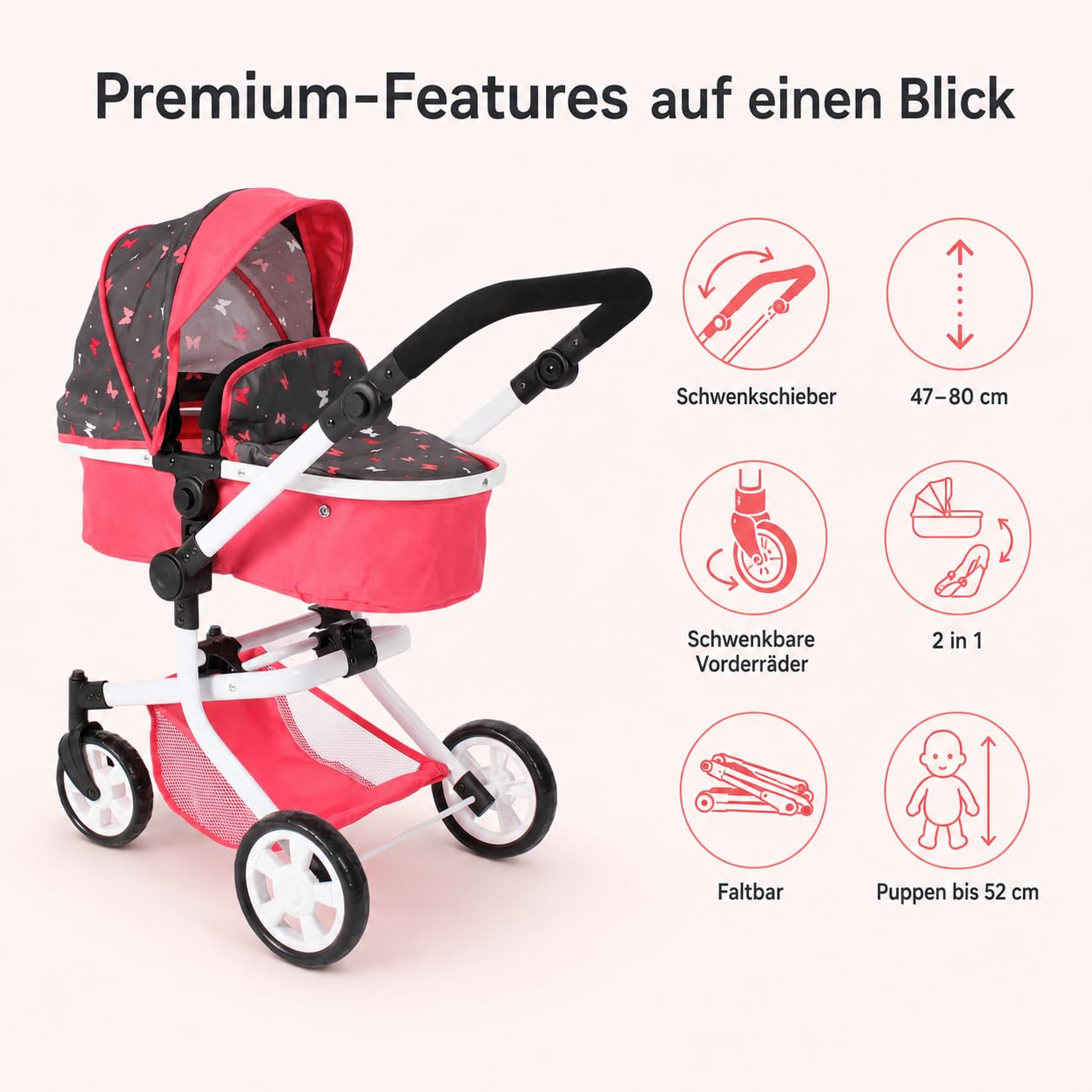 Bayer Chic 2000 Mika wózek dla lalek 2 w 1, koralowy motyl, składany, z regulacją wysokości 47-80 cm, nowoczesny stelaż, lalki do 52 cm, 4-8 J.