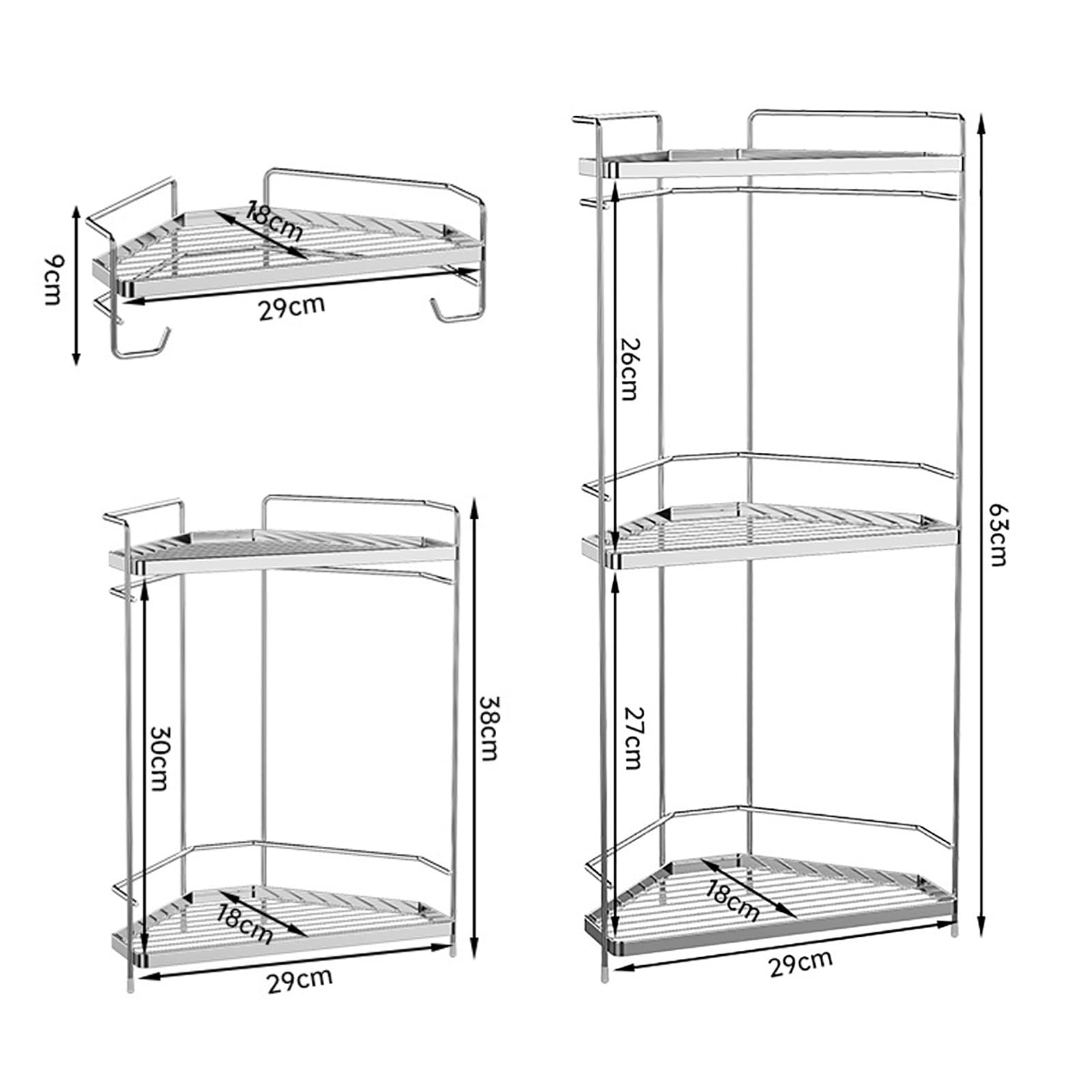 Estante De Ducha Sin Taladrar, Estante De Ducha De Esquina De Pie, Organizador Baño, Soporte Shampoo Chuveiro Acero Inoxidable, Doble Función (de Pie Y De Pared), Para Bañera Baño Y Coci(Size:3 Tiers)
