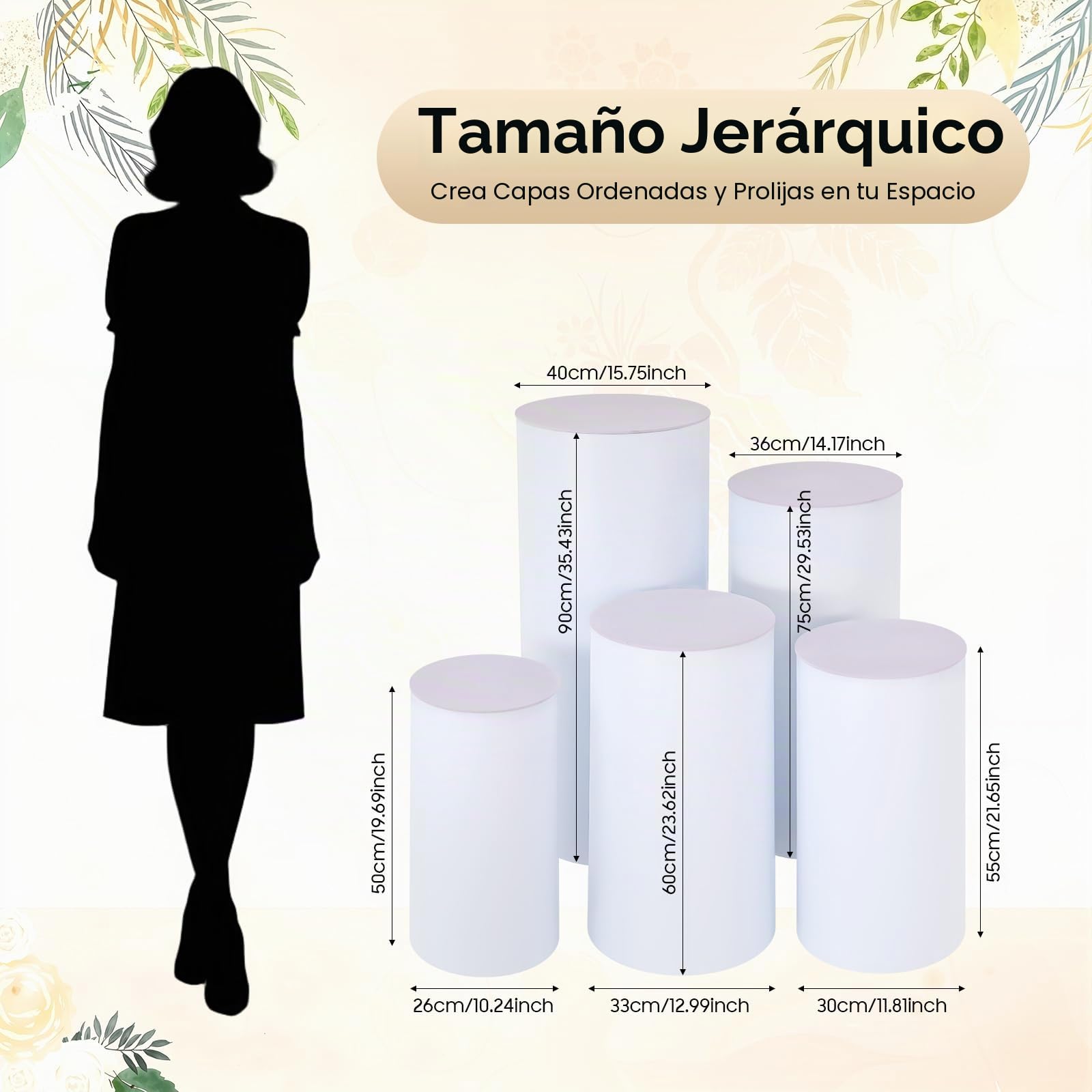 5 unidades de 50 – 90 cm, base cilíndrica blanca con capacidad de carga de 33 kg por pieza, soporte cilíndrico apilable de acrílico/PVC, base redonda para fiestas y cumpleaños, sistema de soporte