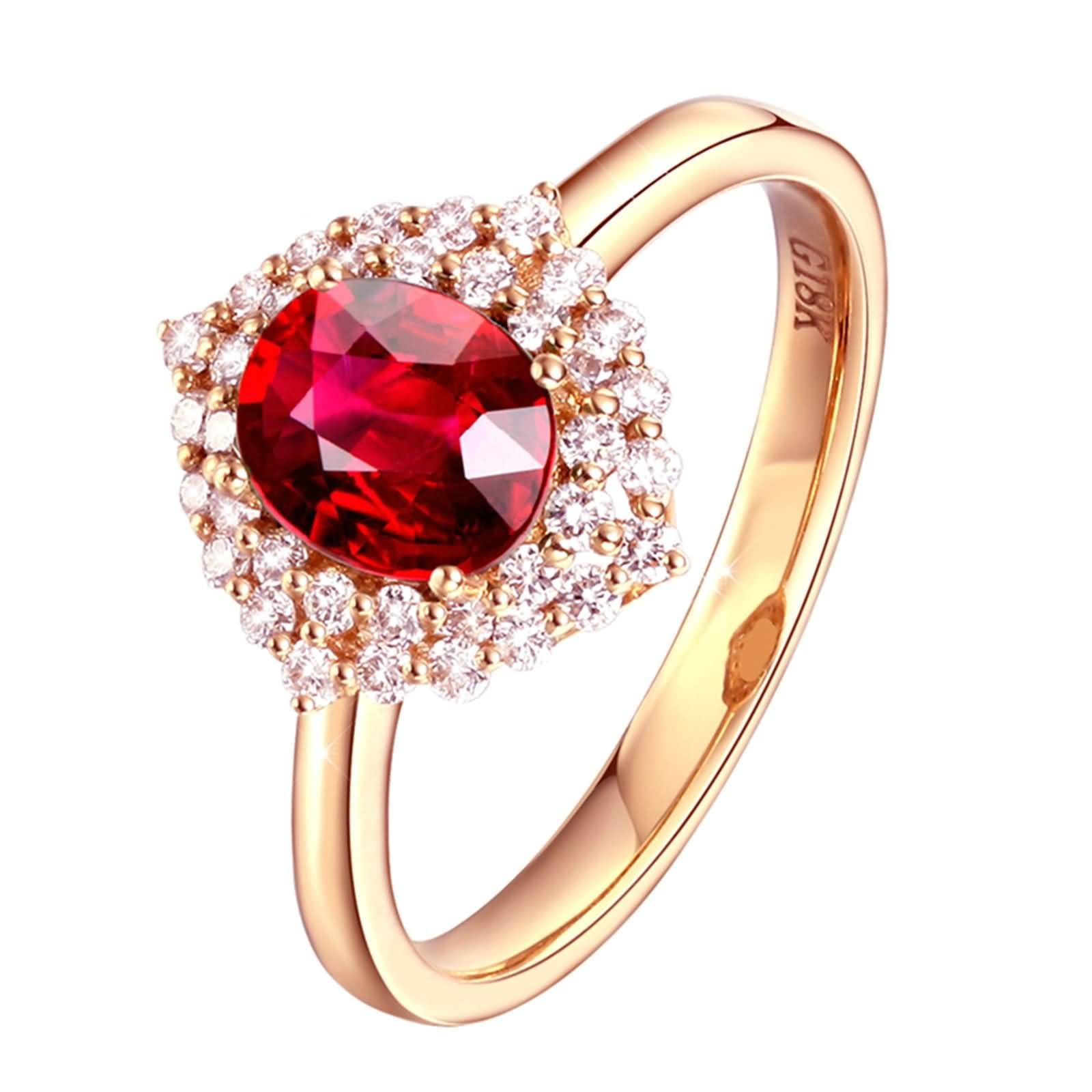 Daesar Anillos de Compromiso Matrimonio para Mujer con Flor y Oval con Rubí Creado y Moissanita, Oro Amarillo 9K/14K/18K, Anillo Promesa Oro Rojo