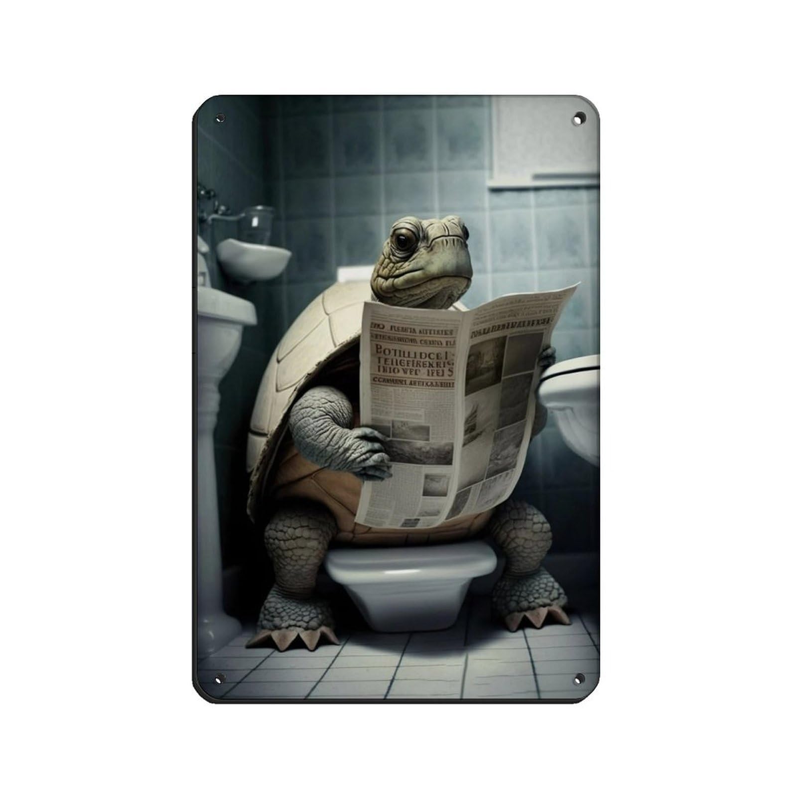 Tortoise Sitting on The Toilet Reading A Newspaper Retro Poster Metal Tin Sign Chic Art Retro Iron Painting Bar People Cave Cafe Family Garage Poster Wall Decoration 8x12inch(20x30cm)