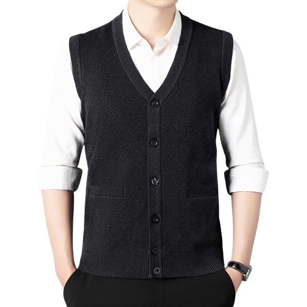Sweater Vest,Herren-Strickpullover Weste Modisch Gestreift Jacquard V-Ausschnitt Ärmellos Knöpfe Strickjacke Weste Klassische Business-Strickweste Herbst-Winter Warme Strick-Tanktops