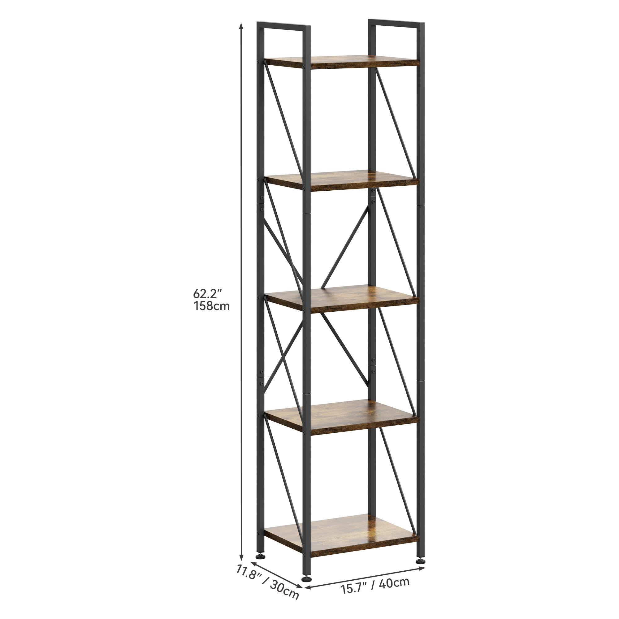 YITAHOME Bibliothèque à 5 Niveaux, Bibliothèque Industrielle, Étagère Autoportante, Étagère en Bois et Cadre en Métal, Support de Rangement pour Salon Bureau Cuisine Chambre à Coucher, Marron Rustique