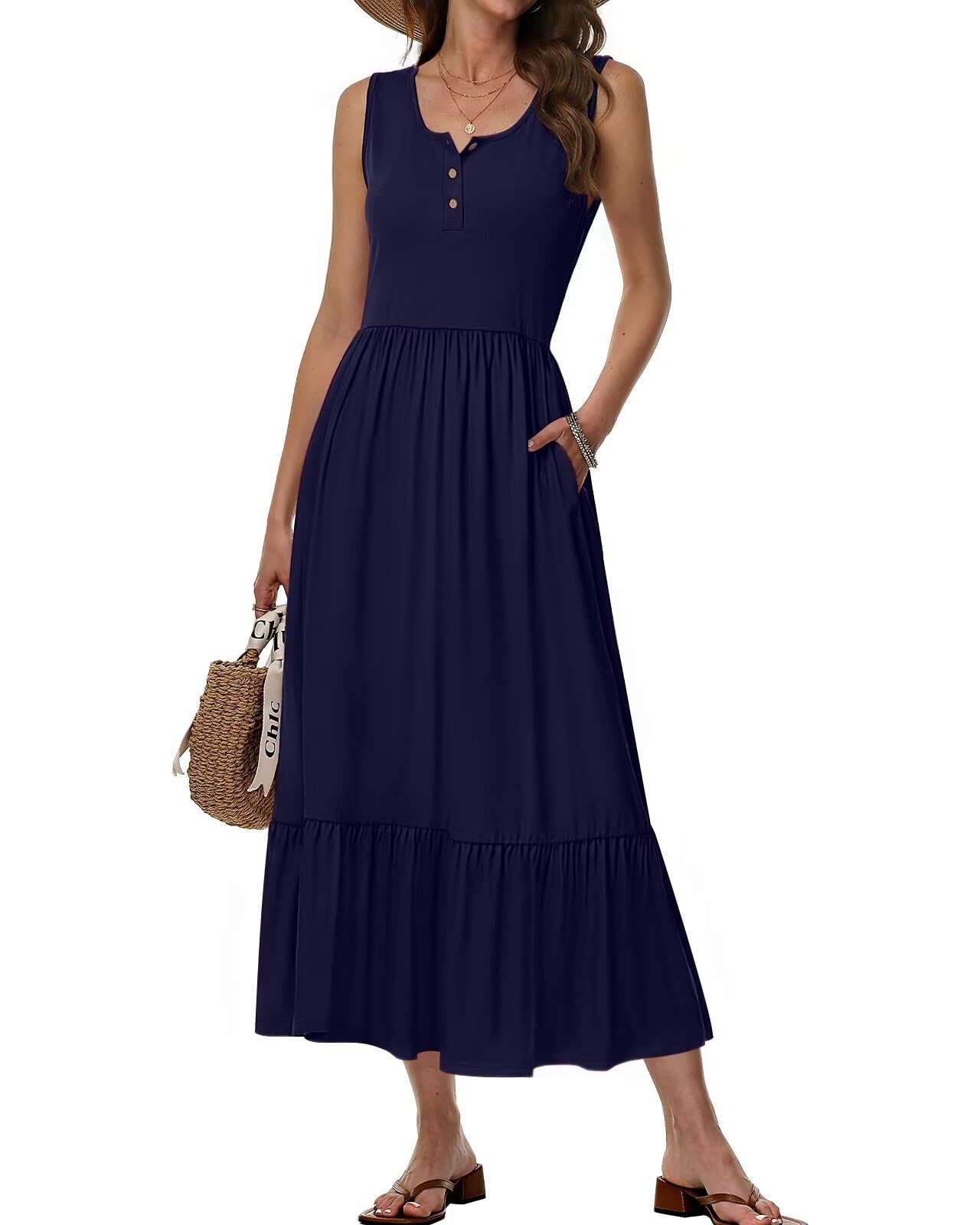 Tanmolo Damen Sommer-Maxikleid Ärmellos mit Taschen für Strand & Alltag | Leicht und Luftig, Weich & Elastisch, Knitterarm, Figurfreundlicher A-Linien-Schnitt, Vielseitig Kombinierbar