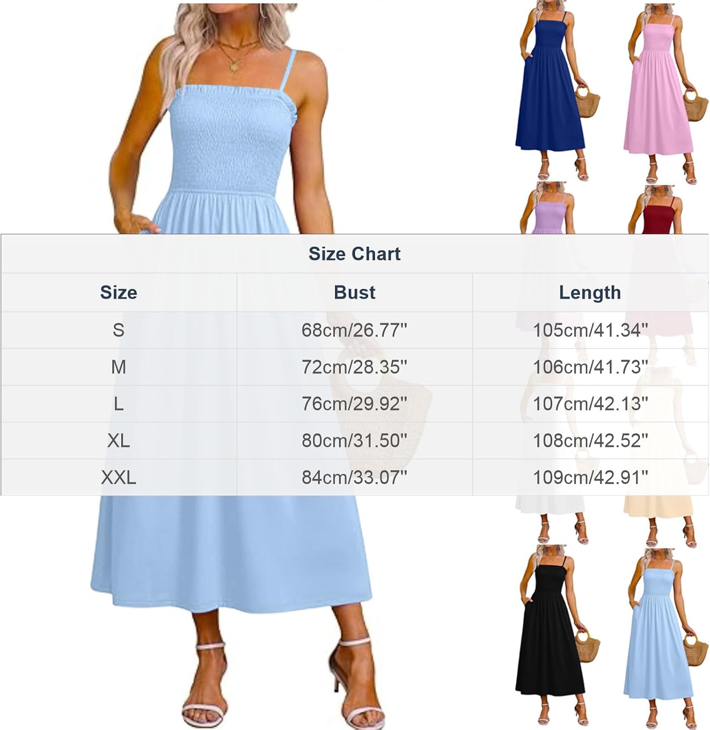 Women High Waist Smocked Midi Dresses, Boho Strap Vacation Summer Dress A Line Sundress 2026 Resort Wear