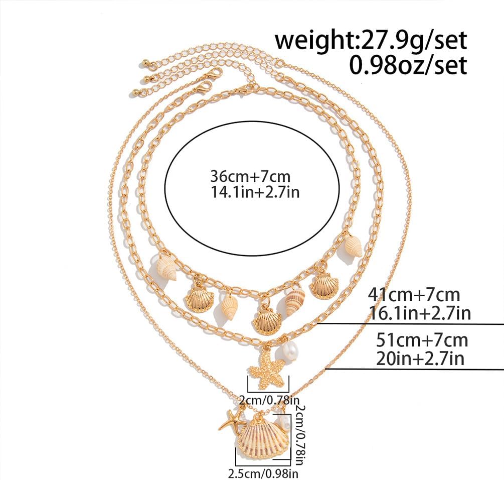 Boho Layered Starfish Conch Shell Necklace for Women, Dainty 14K Gold Seashell Pearl Choker Chain Necklaces Beach Holiday Y2K Jewelry Accessories Gifts - Image 2