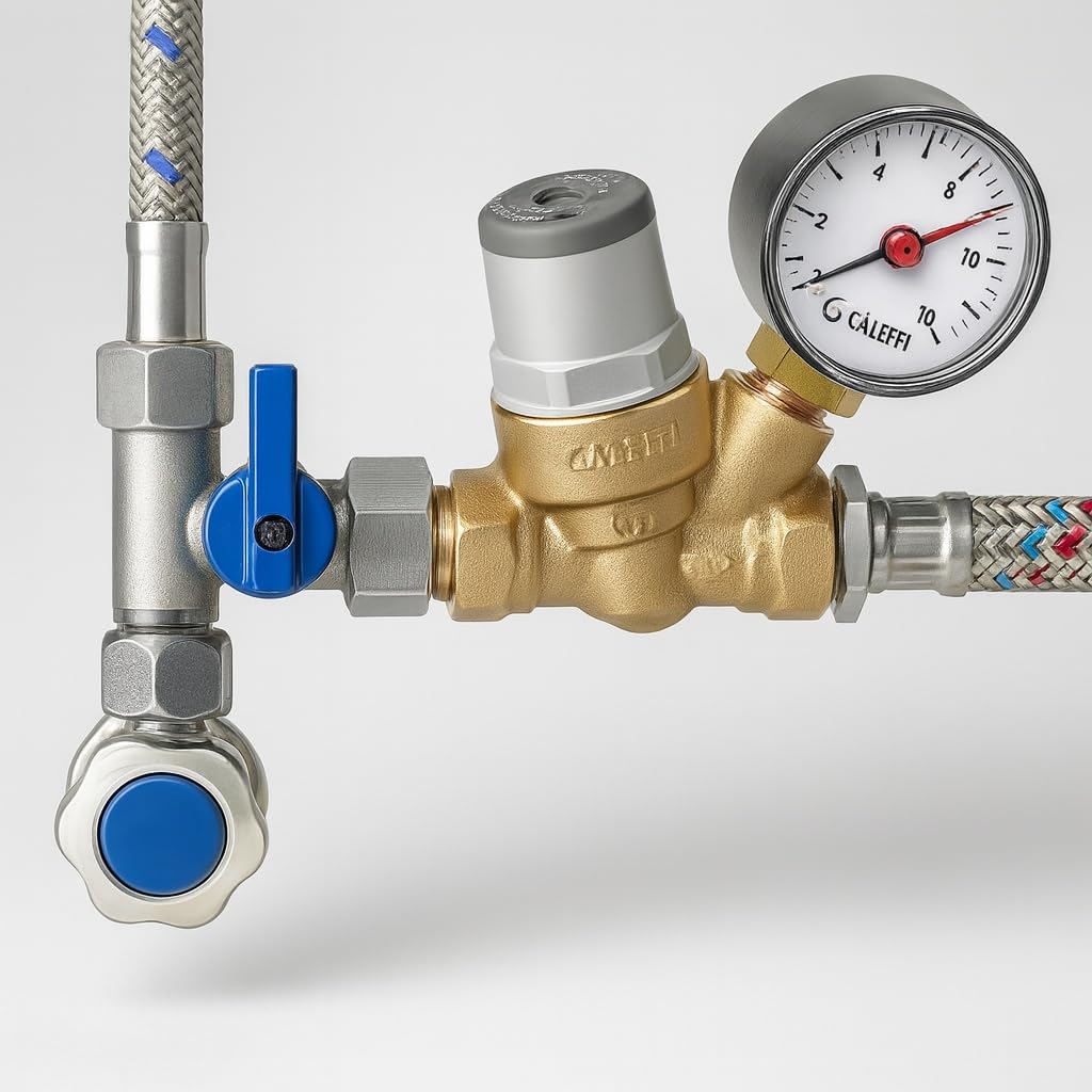 CALEFFI Mikro-Schrägsitz-Druckminderer 3/8" Zoll bis 80°C, Druckregelbereich ausgangsseitig 0,8 bis 4 bar (Mit Manometer)