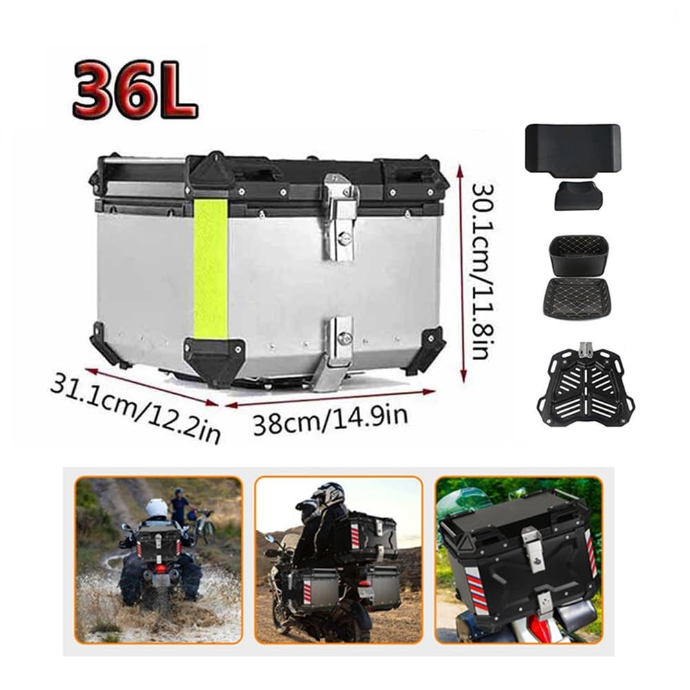 Valise pour Moto, 28L 36L 45L 55L 65L 80L 100L Top Case Coffret De Moto Aluminium Design Étanche Coffre Topcase avec Dossier de Passager et Plaque de Base(Silver,100L)