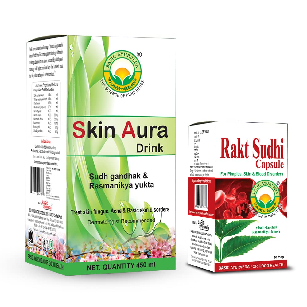 BASIC AYURVEDA Skin Aura Drink Sudh Gandhak & Rasmanikya Yukta 450 Ml With Rakt Sudhi 40 Capsules Combo Pack | (B09JCH7G6W) Amazon Price History, Amazon Price Tracker