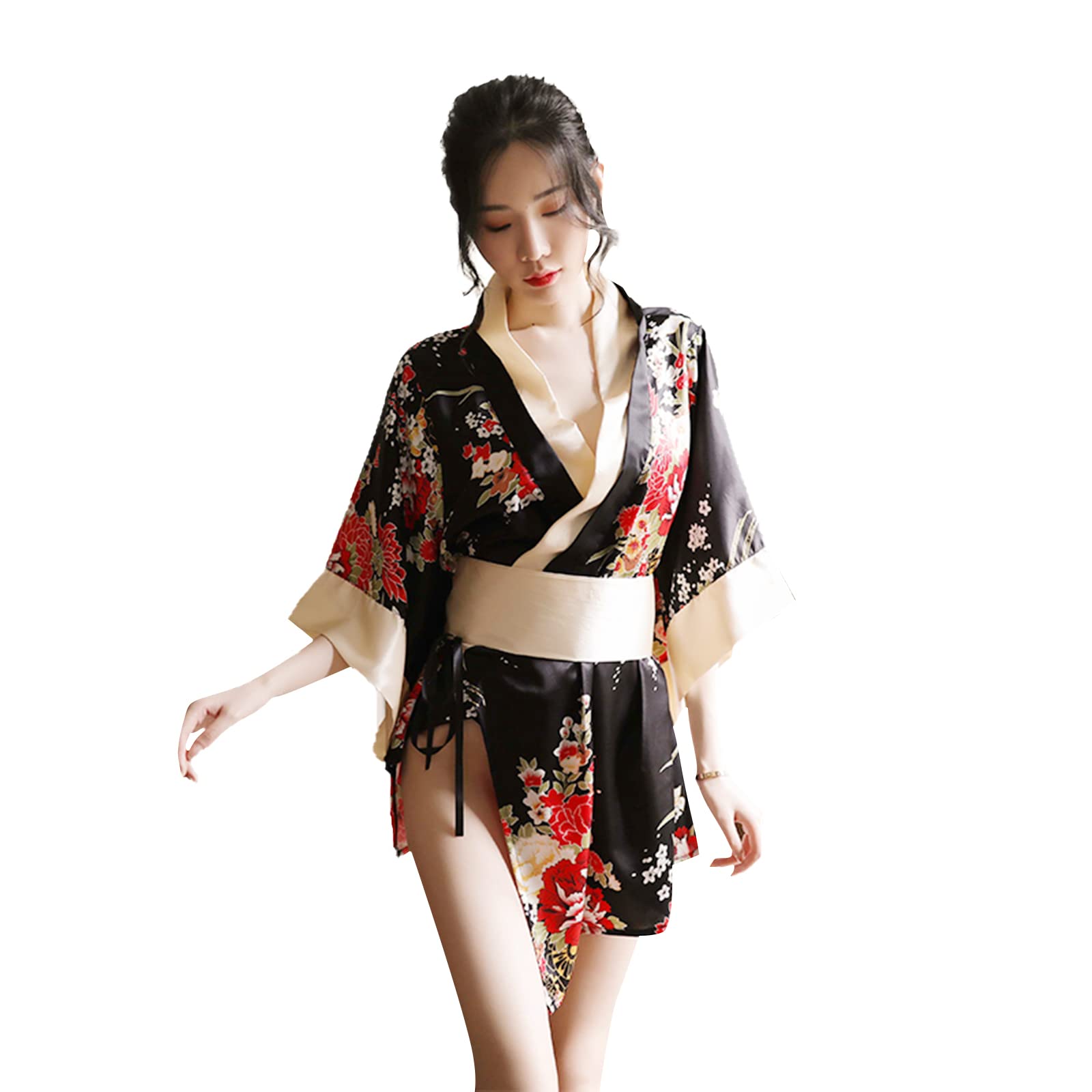 FakeFace Albornoz corto para mujer con cinturón de tanga, kimono, bata, bata sexy, cuello de pico, ligero, seda, satén, pijama, ropa de dormir, albornoz, lencería, conjunto de flores, estampado de flores