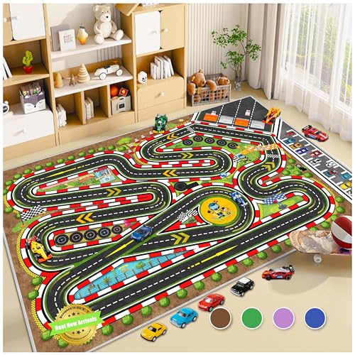 Fuzorise Kids Racing Rug 39''X59'' Car Road Kid Rug Carpet Playmat for Playoom Traffic Road Kid Play Mat for Bedroom，Kids Educational City Traffic Road map Fun Carpet (Brown,)