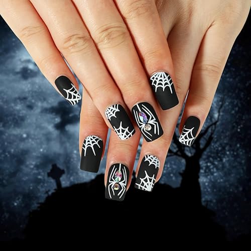 Halloween Press on Nails Square Short Fake Nails Black False
