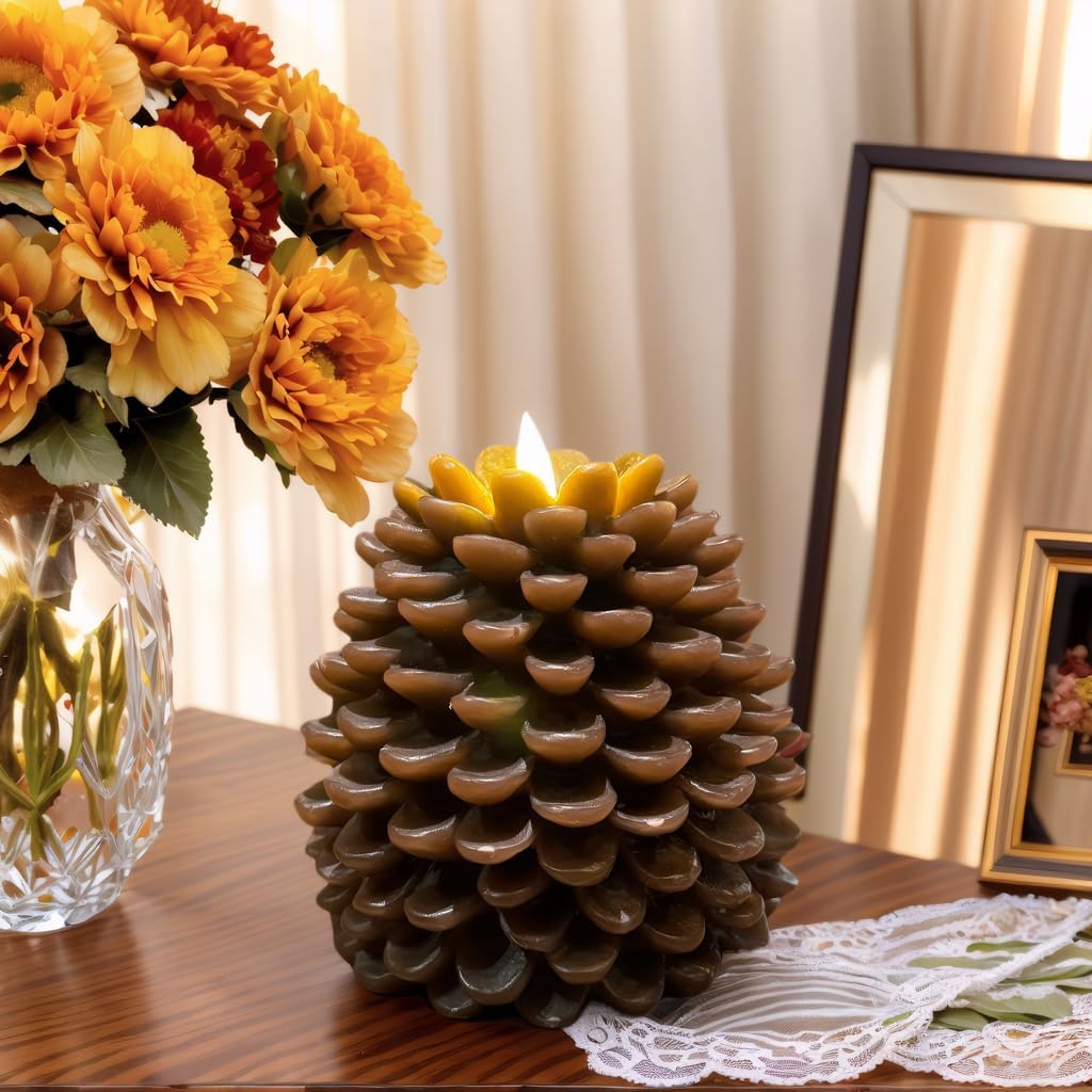 Realistic Pinecone LED Candle, Flickering Warm White Flameless Candle with Timer, Rustic Farmhouse Decor for Mantel, Table Centerpiece, Holiday Gifts（4 x 5.5 Inch）
