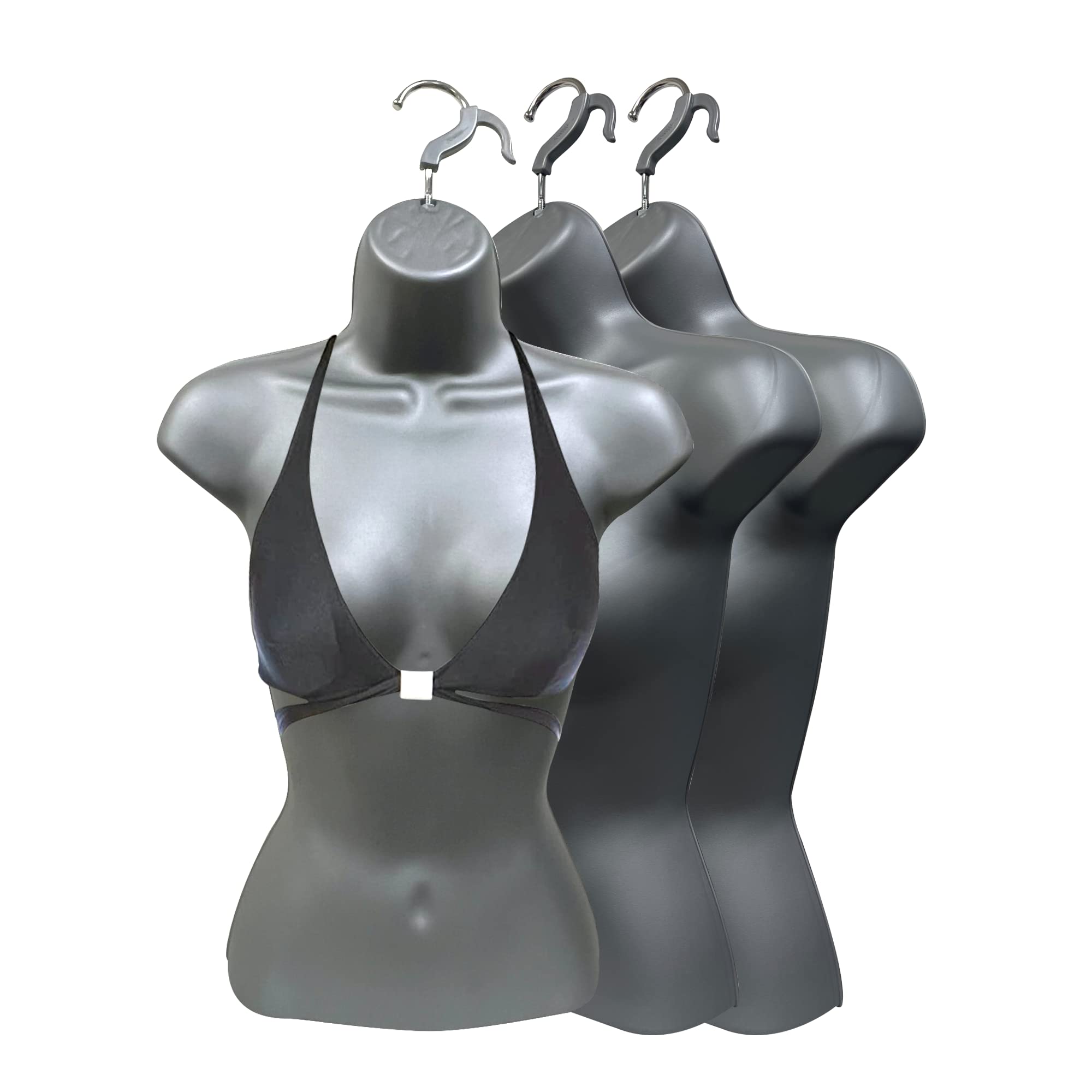 DisplayTownGray Female Mannequin Injection Form Half Rounded Waist Body Torso Dress Form with Only Hanging Hook, S-M Sizes (3 Pack, Gray)