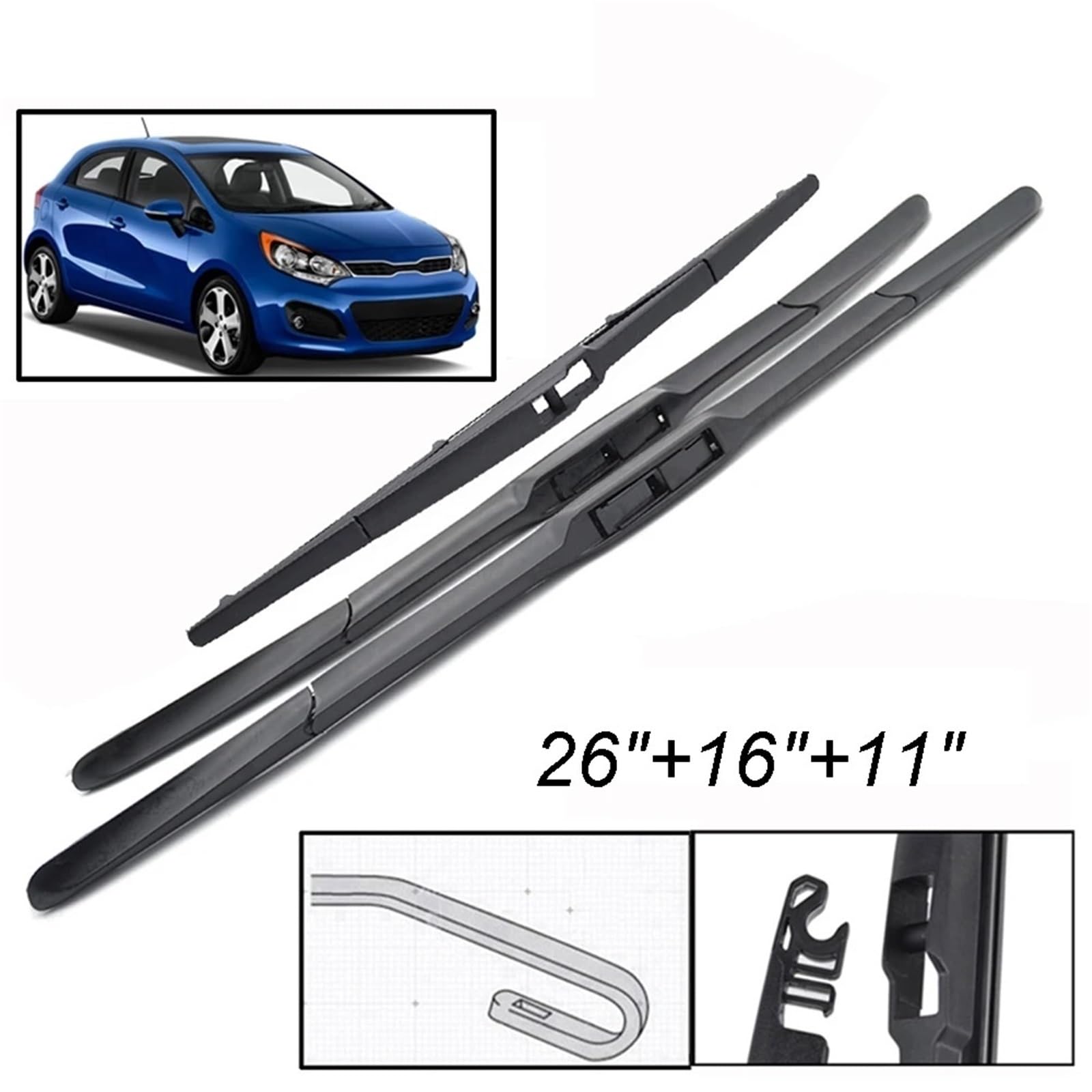Juego De Escobillas Limpiaparabrisas Delanteras Y Traseras Para Kia Rio 3 UB Hatchback (2011-2017), 26" X 16" X 11"