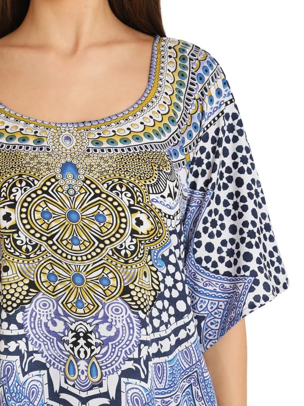 Image of Miss Lavish London Kaftan for Women Dress V Neck Summer Swimsuit Cover Up Blue Caftan Maxi Beach Dress, Plus Size African Kaftan with Batwing Sleeves, Side Slit & Pockets on Both Sides-Blue-2XL