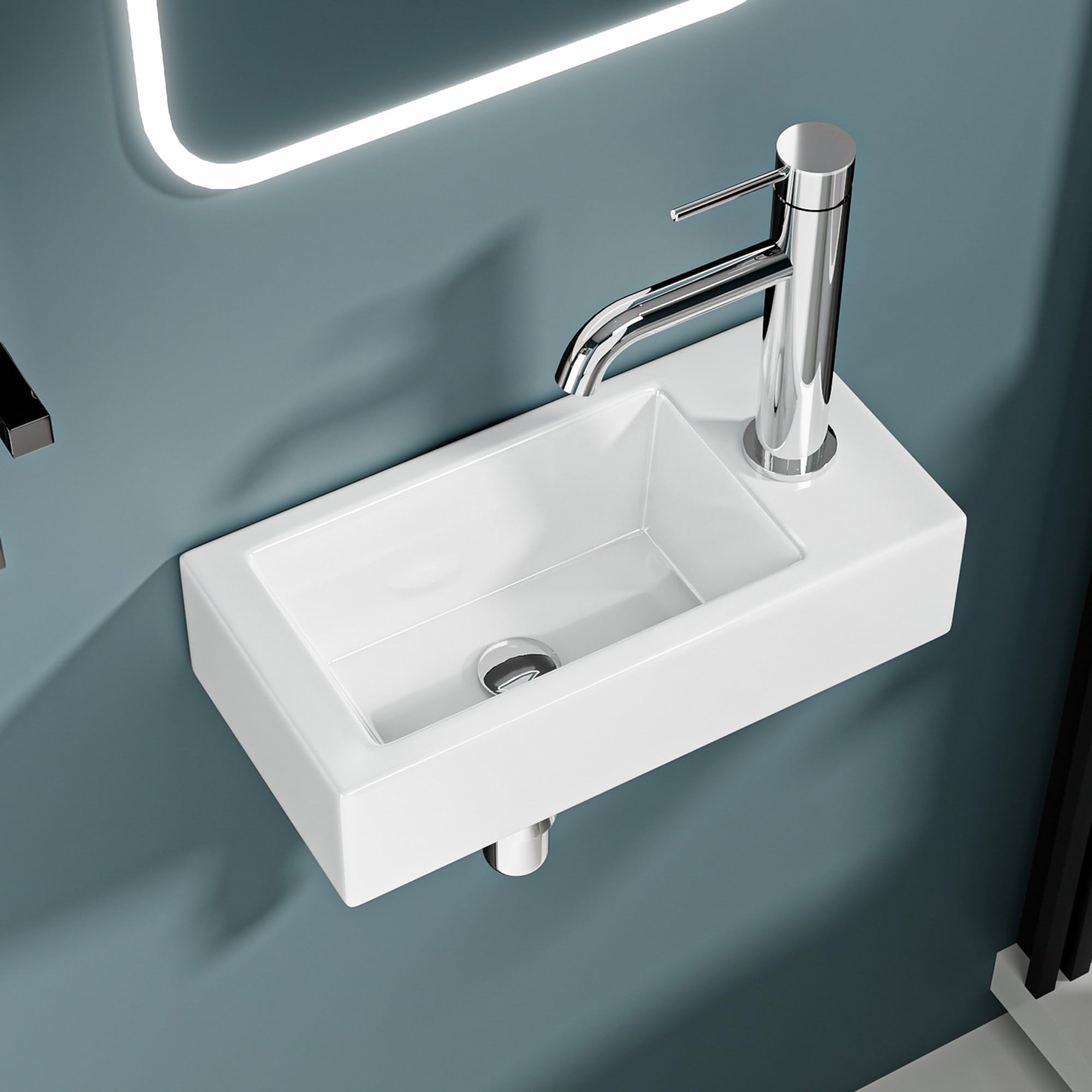 Vasque Lave-Mains Compacte Sortie Droite 36,5x18x9 cm – Lavabo Rectangulaire en Céramique Blanche – Idéal Petits Espaces, Toilettes, WC et Coins Exigus – Installation Facile