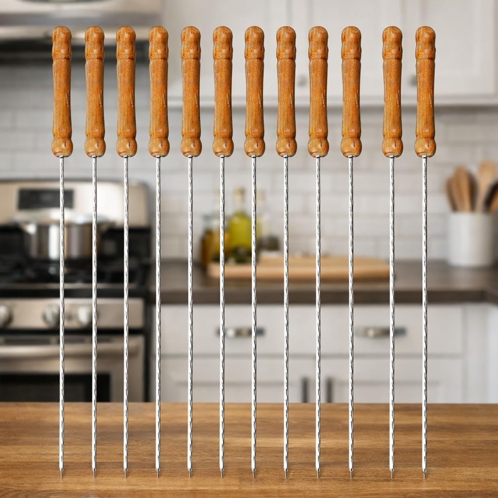 12 Inch Stainless Steel Barbeque Skewers Set Rounded/Square BBQ Sticks with Wooden Handle Reusable Metal Kabab Grill Tool for Outdoor Tandoor Kebab Grilling (Pack of 6)-image-43