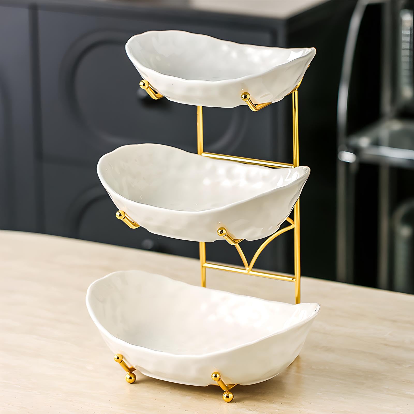 Obstschale mit 2 Ebenen/3 Etagen und Metallständer, Keramik-Obstschale für Zuhause, Party, Küche, Theke, gestufter Obstkorb für Snacks, Süßigkeiten, Brot, Aufbewahrung (Weiß C, 3 Etagen)