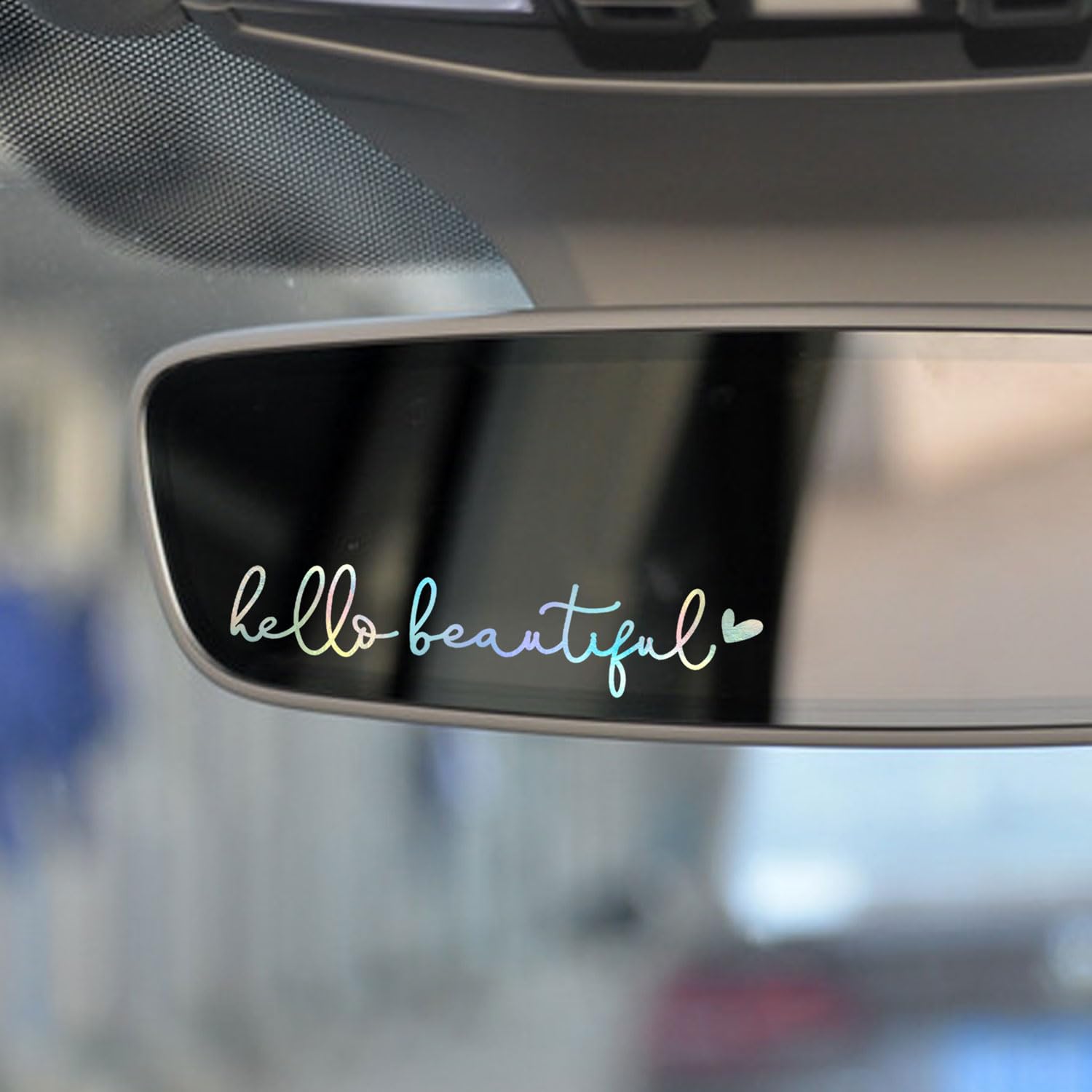 2 x Hello Beautiful Car Mirror Decal, Holographic Affirmation Sticker, Rearview Mirror Decal