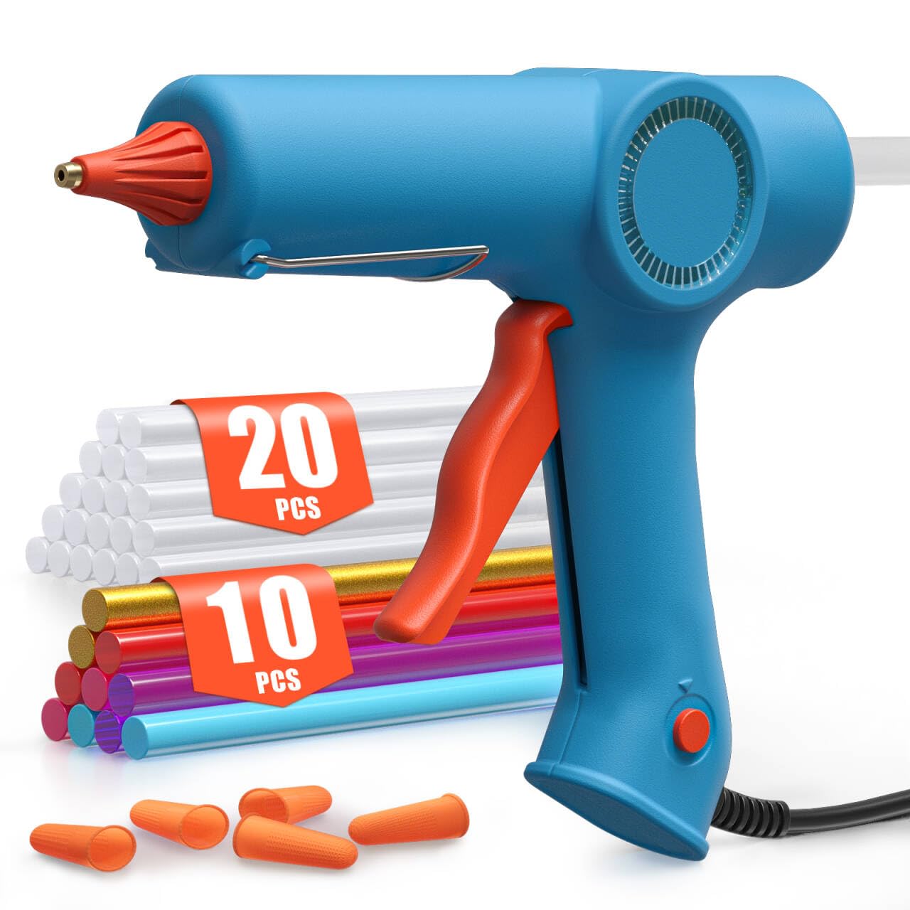 FAHEFANA Pistola de Silicona Caliente, Pistola de Pegamento 200W, calentamiento rápido 60s, 30 barras pegamento de 11mm(10colores y 20 transparentes), bricolaje, manualidades, reparaciones de oficina